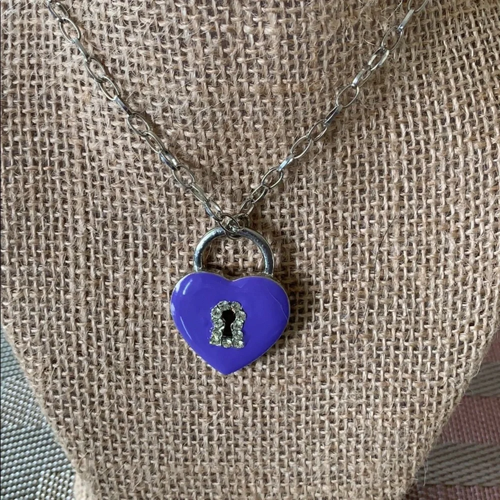 2/$10 Girls Purple Heart Lock Rhinestone Pendant Necklace | 7 Inch